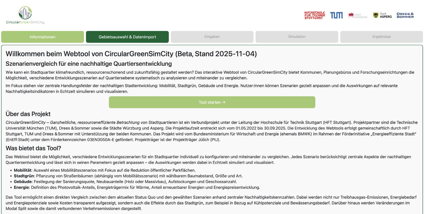 Übersichtsseite des CircularGreenSimCity-Webtools mit Projektinformationen