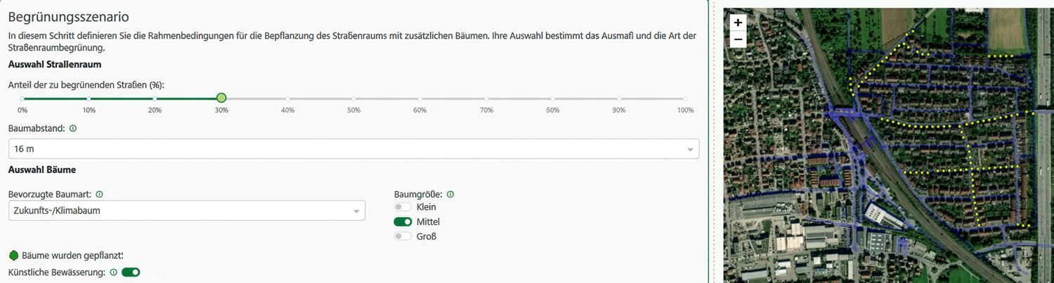 Webtool-Ansicht eines Begrünungsszenarios mit Straßenbäumen und Quartierskarte