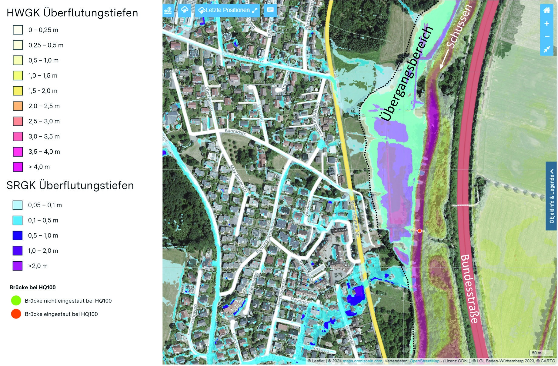 FLIWAS-Karte mit Überflutungstiefen bei Hochwasser und Starkregen
