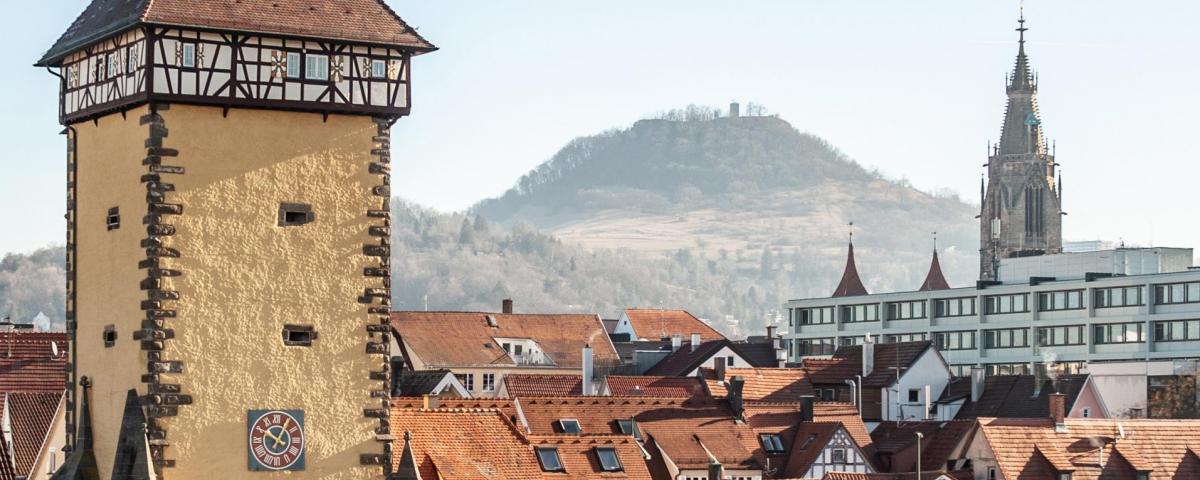 Blick auf die Reutlinger Altstadt mit Tübinger Tor, Achalm und Marienkirche.