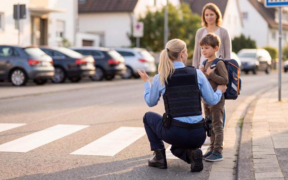 Polizistin erklärt Kind am Zebrastreifen die Verkehrssicherheit