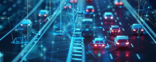 Ein Bilder einer mehrspurigen Straße. Darüber ist im Vordergrund ein digitales Raster mit Messpunkten für die Verkehrserfassung. 