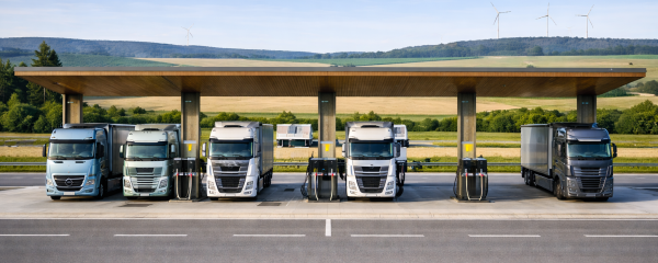Das bild zeigt eine LKW Ladestation mit fünf LKW. Es ist allerding künstlich generiert. 