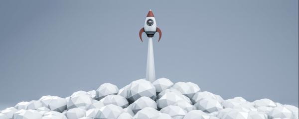 Illustration einer startenden Rakete über stilisierten Wolken als Symbol für kommunale Gründungsförderung.